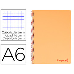 Cuaderno espiral liderpapel a6 micro wonder tapa plastico 120h 90 gr cuadro 5mm 4 bandas color naranja