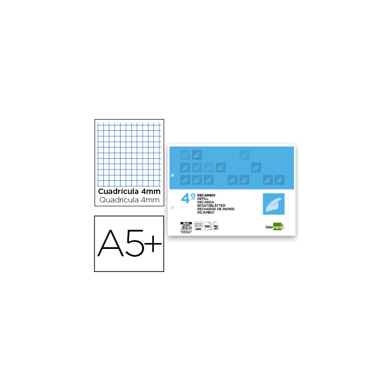 Recambio liderpapel cuarto apaisado 100 hojas 60gr cuadro 3 mm 2 taladros con margen