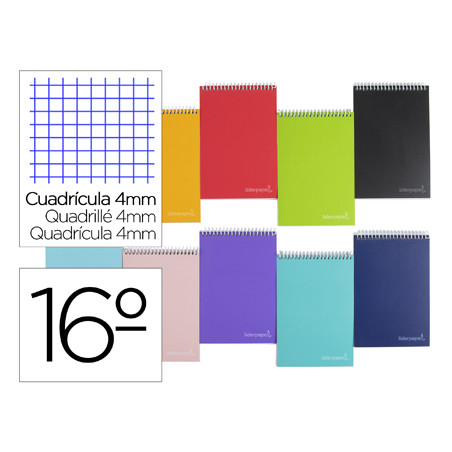 Cuaderno espiral liderpapel bolsillo dieciseiavo apaisado witty tapa dura dura 80h 60 grcuadro 4 mm colores stdos.