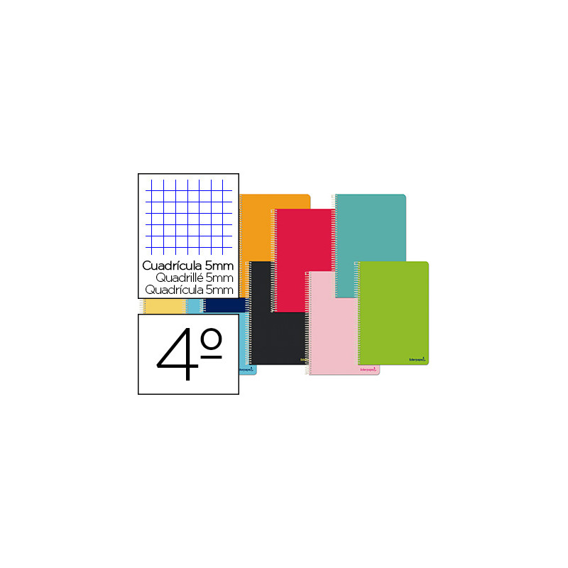 Cuaderno espiral liderpapel cuarto smart tapa blanda 80h 60gr cuadro 5mm con margen colores surtidos