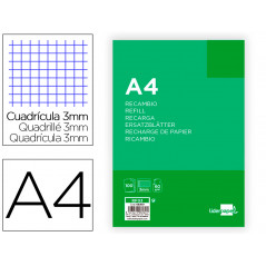 Recambio liderpapel a4 100 hojas 60g/m2 cuadro 3 mm con margen 4 taladros