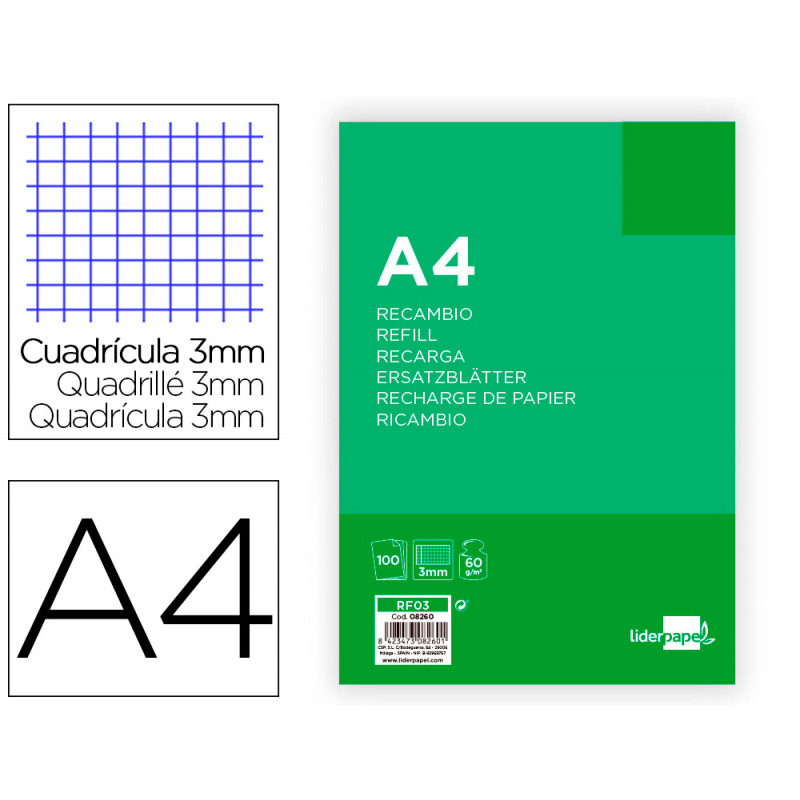 Recambio liderpapel a4 100 hojas 60gr cuadro 3 mm con margen 4 taladros