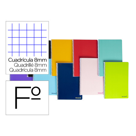 Cuaderno espiral liderpapel folio smart tapa blanda 80h 60gr cuadro 8mm con margen colores surtidos