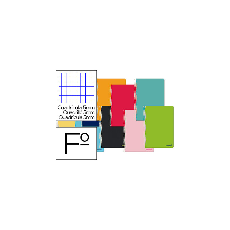 Cuaderno espiral liderpapel folio smart tapa blanda 80h 60gr cuadro 5mm con margen colores surtidos