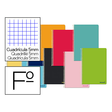 Cuaderno espiral liderpapel folio smart tapa blanda 80h 60gr cuadro 5 mm con margen colores surtidos
