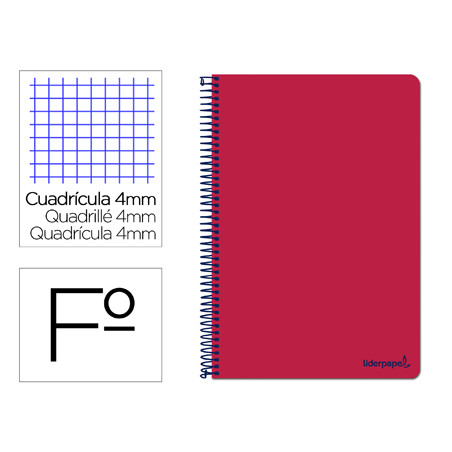 Cuaderno espiral liderpapel folio smart tapa blanda 80h 60gr cuadro 4mm con margen color rojo