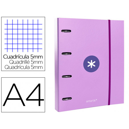 Carpeta con recambio y solapa liderpapel antartik a4 cuadro 5mm forrada 4 anillas redondas 40mm color lavanda