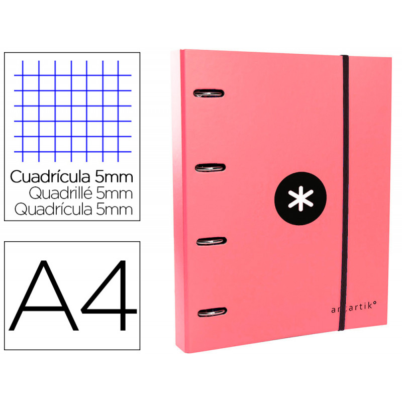Carpeta con recambio antartik a4 cuadro 5mm forrada 4 anillas 40mm redondas con solapa color coral