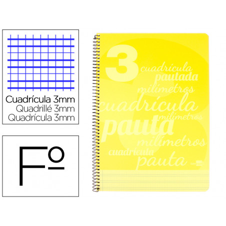 Cuaderno espiral liderpapel folio pautaguia tapa plastico 80h 75gr cuadro pautado 3mm con margen color amarillo