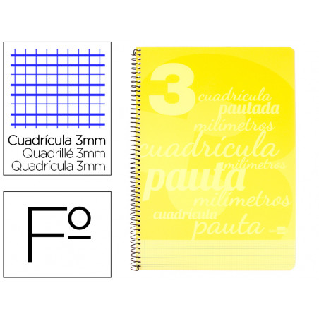 Cuaderno espiral liderpapel folio pautaguia tapa plastico 80h 75gr cuadro pautado 3mm con margen color amarillo