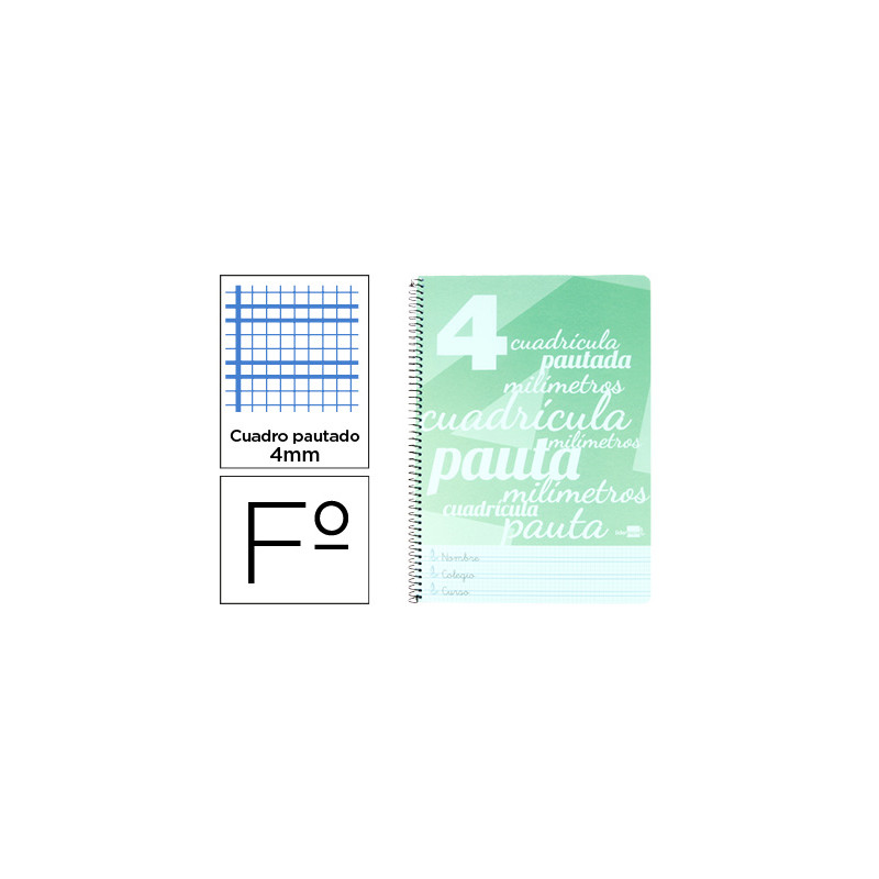 Cuaderno espiral liderpapel folio pautaguia tapa plastico 80h 75gr cuadro pautado 4mm con margen color verde