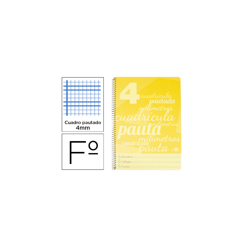 Cuaderno espiral liderpapel folio pautaguia tapa plastico 80h 75gr cuadro pautado 4mm con margen color amarillo