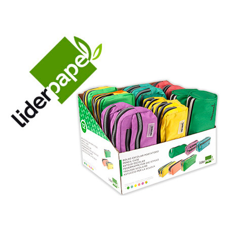 Bolso escolar liderpapel portatodo expositor de 12 unidades colores y modelos surtidos