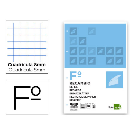 Recambio liderpapel folio 100 h 4tf-08 cuadro 8 mm 4 taladros con margen