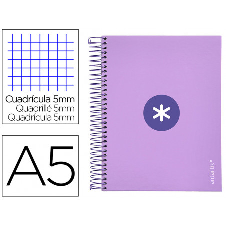 Cuaderno espiral liderpapel a5 micro antartik tapa forrada120h 90 gr cuadro 5mm 5 banda 6 taladros color lavanda