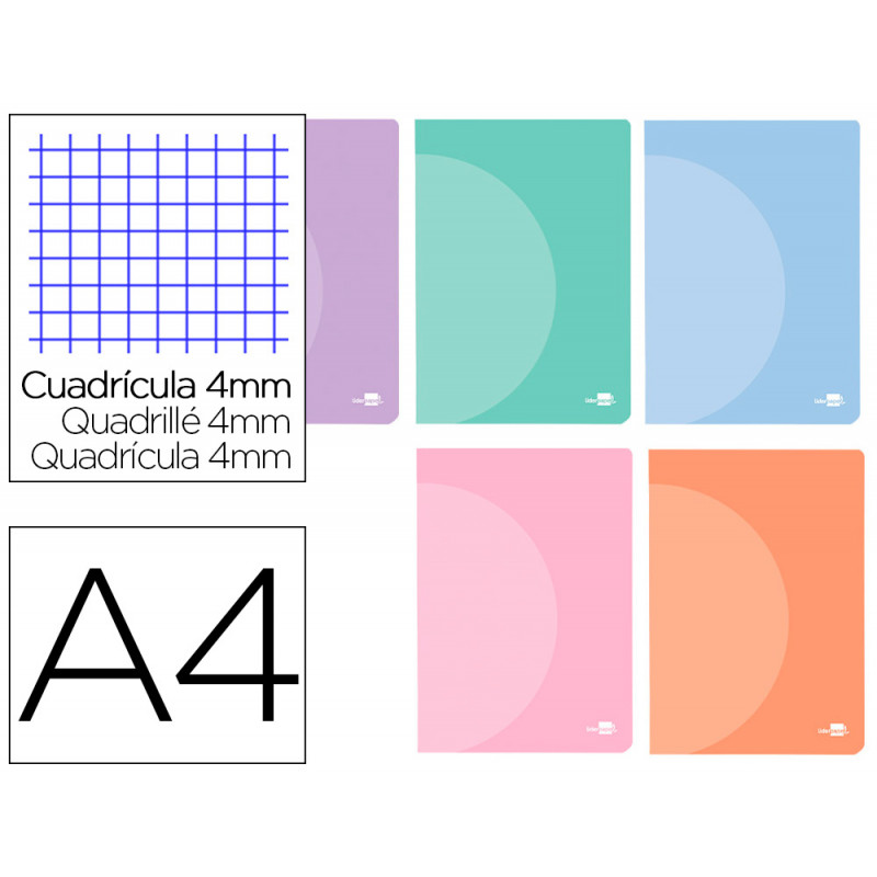 Libreta liderpapel 360 tapa de plastico a4 48 hojas 90g/m2 cuadro 4mm con margen colores pastel surtidos