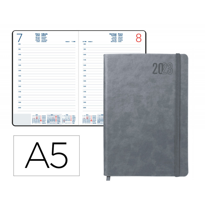 Agenda encuadernada liderpapel mykonos 15x21 cm 2023 dia pagina papel 70 gr piel antigua con gomilla gris