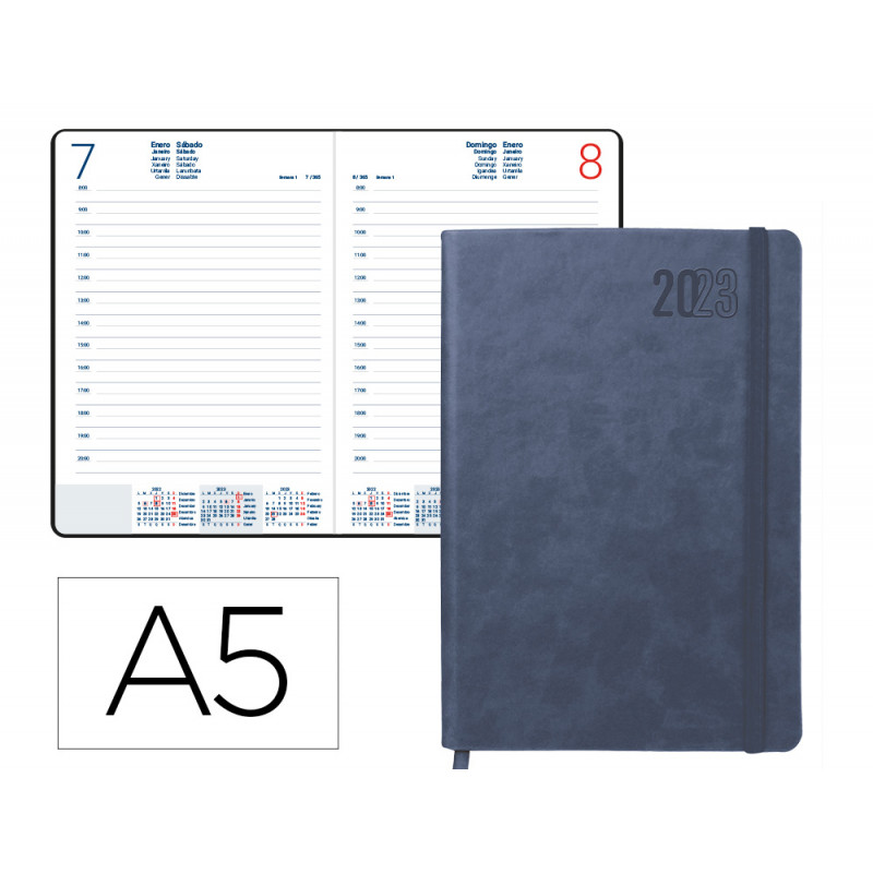 Agenda encuadernada liderpapel mykonos 15x21 cm 2023 dia pagina papel 70 gr piel antigua con gomilla azul