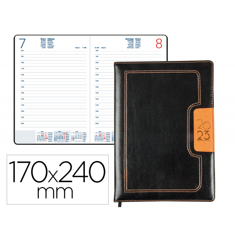 Agenda encuadernada liderpapel dorios 17x24 cm 2023 dia pagina color negro y naranja papel 70 gr