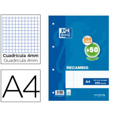 Recambio oxford din a4 200 + 50 hojas gratis cuadro 4 mm con margen