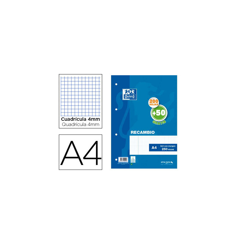 Recambio oxford a4 200 + 50 hojas gratis cuadro 4 mm con margen