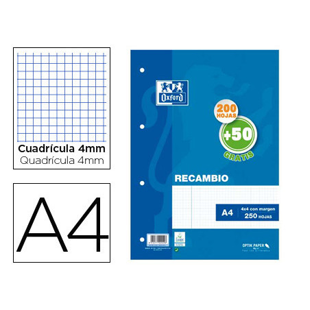 Recambio oxford din a4 200 + 50 hojas gratis cuadro 4 mm con margen