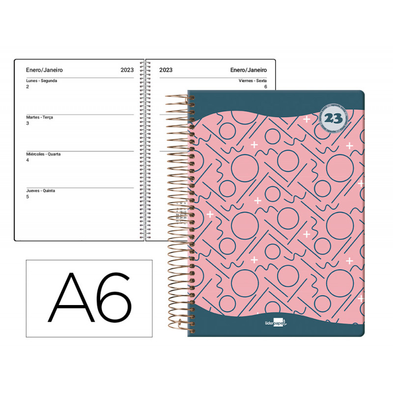 Agenda espiral liderpapel classic a6 2023 semana vista portada polipropileno papel 70 gr color rosa