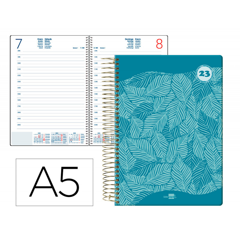 Agenda espiral liderpapel classic a5 2023 dia pagina portada polipropileno papel 70 gr color verde