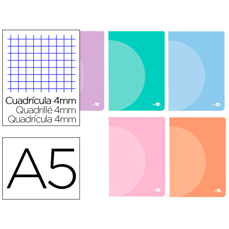 Libreta liderpapel 360 tapa de plastico a5 48 hojas 90g/m2 cuadro 4 mm con margen colores pastel surtidos