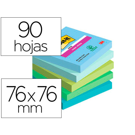 Bloc de notas adhesivas quita y pon post-it super sticky oasis 76x76 mm 90 hojas 100% pefc pack de 5 unidades