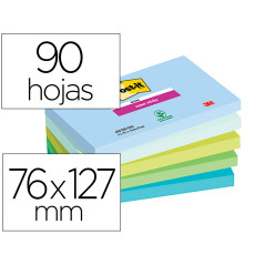 Bloc de notas adhesivas quita y pon post-it super sticky oasis 76x127 pack 5 unidades 90 hojas 100% pefc