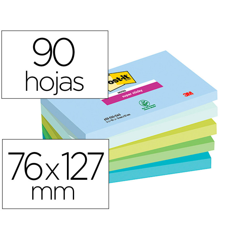 Bloc de notas adhesivas quita y pon post-it super sticky oasis 76x127 pack 5 unidades 90 hojas 100% pefc
