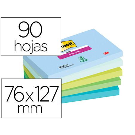 Bloc de notas adhesivas quita y pon post-it super sticky oasis 76x127 pack 5 unidades 90 hojas 100% pefc