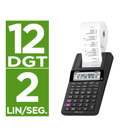 Calculadora casio impresora pantalla lc papel 58mm hr-8rce12 dígitos ac/dc pilas color negro