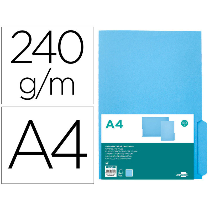 Subcarpeta cartulina liderpapel din a4 pestaña derecha 240g/m2 azul