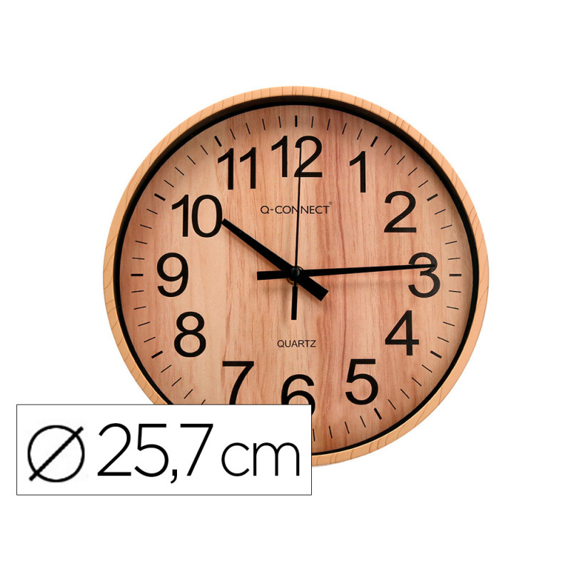 Reloj q-connect de pared de plastico redondo 25,7 cm movimiento silencioso color madera natural