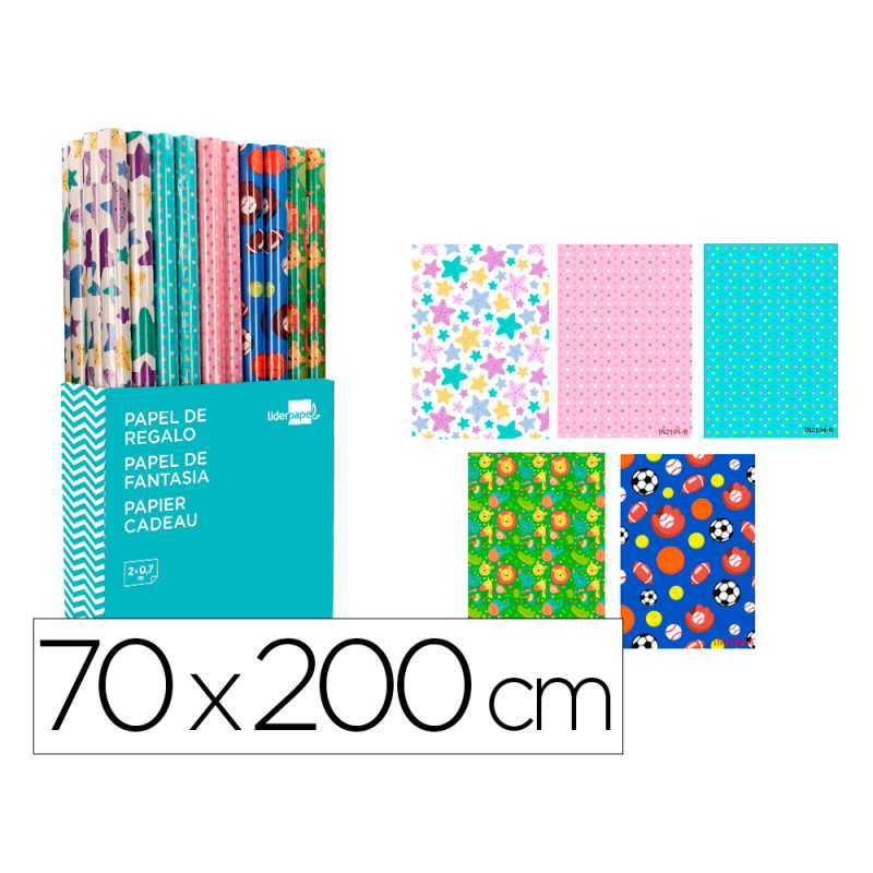 Papel de regalo liderpapel infantil rollo ancho 70 cm longitud 2 m modelos surtidos gramaje 60 gr
