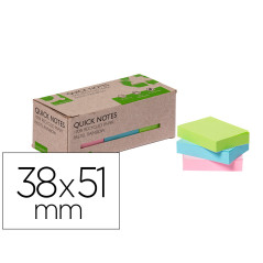 Bloc de notas adhesivas quita y pon q-connect 38x51 mm 100% papel reciclado colores pasteles kf17326