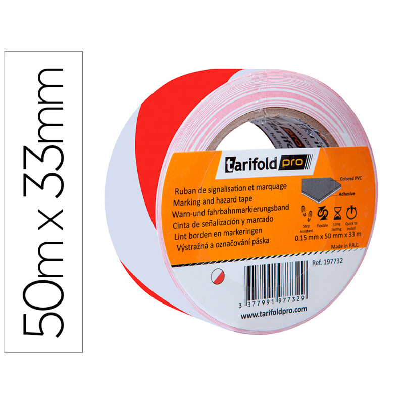 Cinta adhesiva tarifold seguridad para marcaje y señalizacion de suelo 33 mt x 50 mm color blanco/rojo