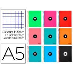 Cuaderno espiral a5 micro antartik tapa forrada120h 90gr cuadro 5mm 5 bandas 6 taladros colores surtidos idos