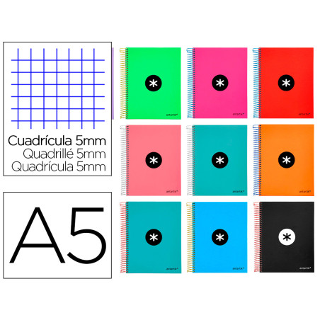 Cuaderno espiral a5 micro antartik tapa forrada120h 90gr cuadro 5mm 5 bandas 6 taladros colores surtidos rtidos