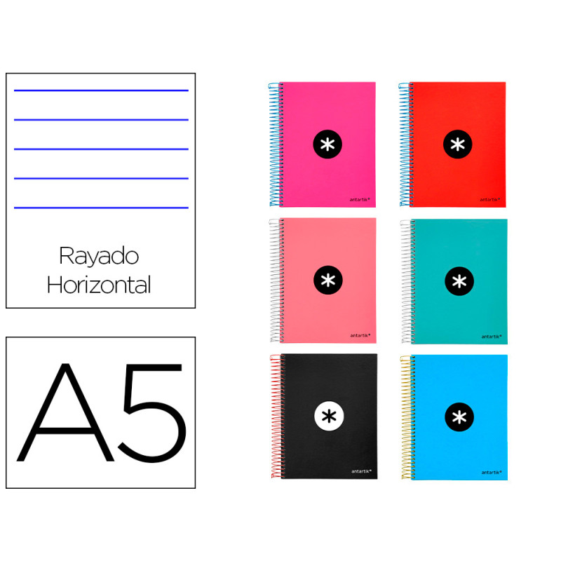 Cuaderno espiral liderpapel a5 micro antartik tapa forrada 120 h 100g horizontal 5 bandas6 taladros colores surtidos
