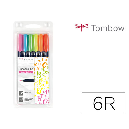 Rotulador tombow fudenosuke tinta base de agua punta pincel dura estuche de 6 unidades colores neon