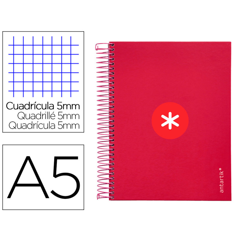 Cuaderno espiral a5 micro antartik tapa forrada120h 90 gr cuadro 5mm 5 bandas6 taladros color frambuesa