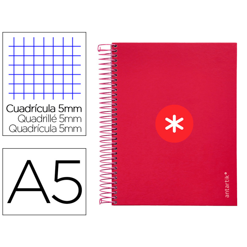 Cuaderno espiral liderpapel a5 micro antartik tapa forrada120h 90 gr cuadro 5mm 5 bandas6 taladros color frambuesa