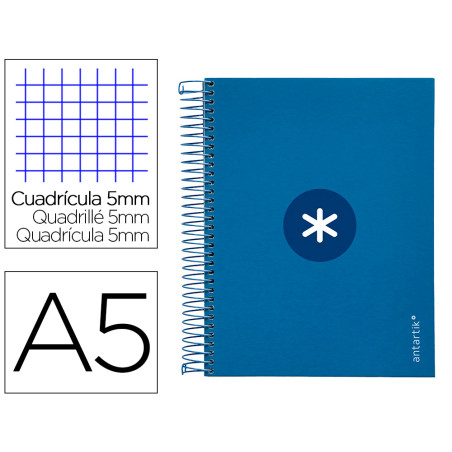 Cuaderno espiral a5 micro antartik tapa forrada120h 90 gr cuadro 5mm 5 bandas6 taladros color azul oscuro scuro