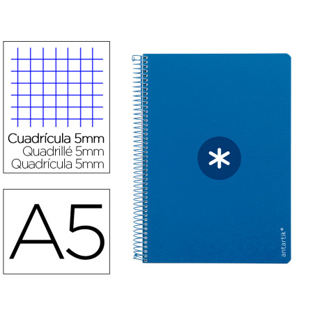 Cuaderno espiral liderpapel a5 antartik tapa dura 80h 100 gr cuadro 5mm con margen color azul oscuro