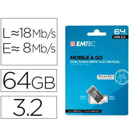 Memoria emtec usb 3.2 dual mobile & go type-c /usb 64 gb
