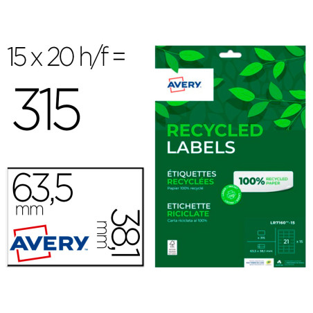 Etiqueta adhesiva avery blanca permanente reciclada 100% laser 63,5x38,1 mm caja de 315 unidades