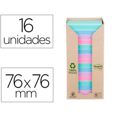 Bloc de notas adhesivas quita y pon post-it 76x76 mm 100% reciclada pefc en torre pack de 16 unidades colores